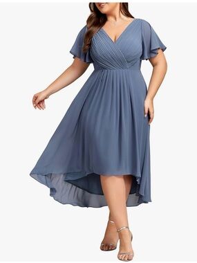 Women's Blue V-Neck High-Low Dress